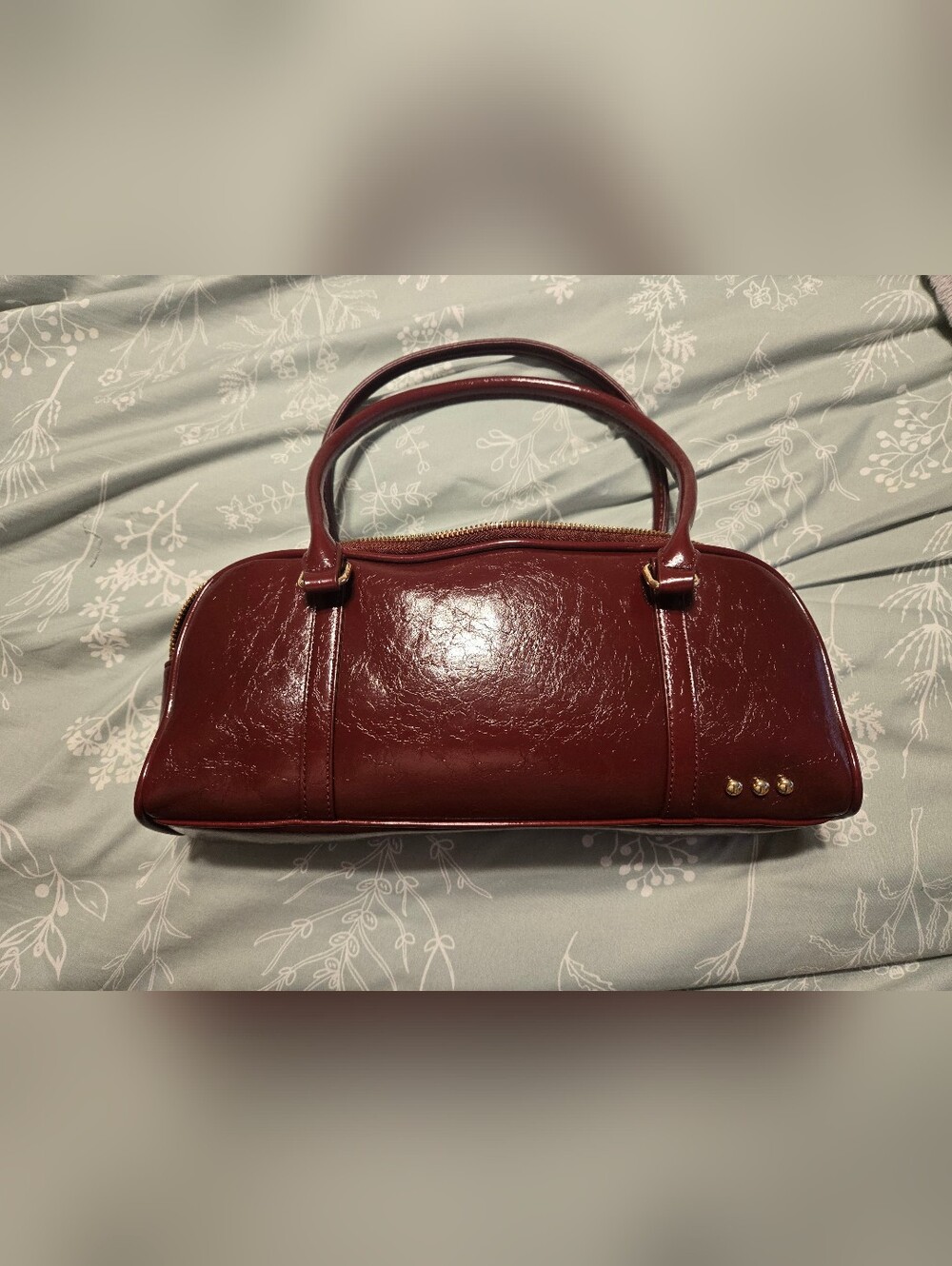 Pretty Simple Boston Barrell Shoulder Bag Classic Burgundy Patent Dome-Top